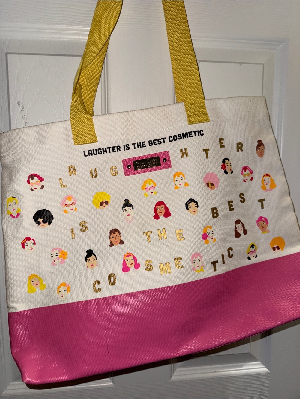 Canvas Tote Bag with Pink Base and Yellow Handles